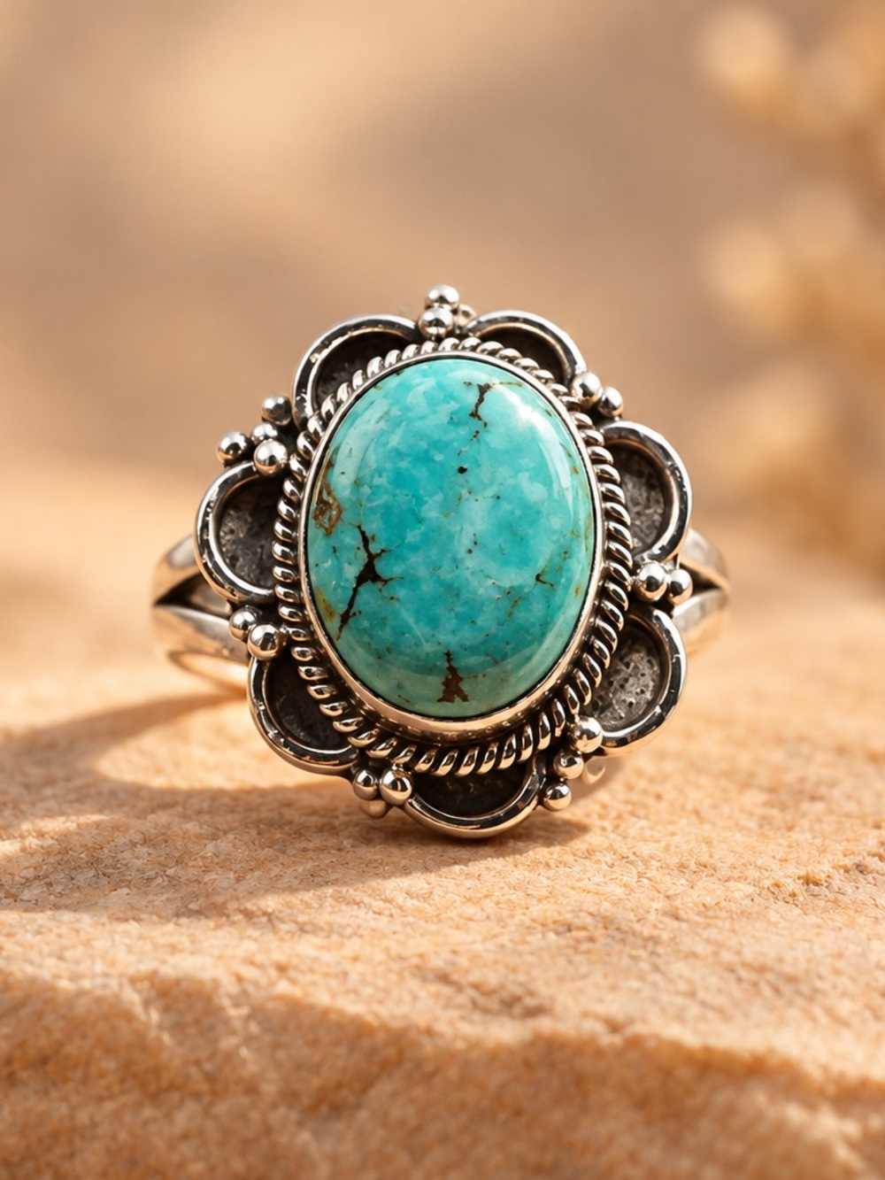 Size 8 Turquoise Oval Stone 925 Sterling Silver Floral Ring